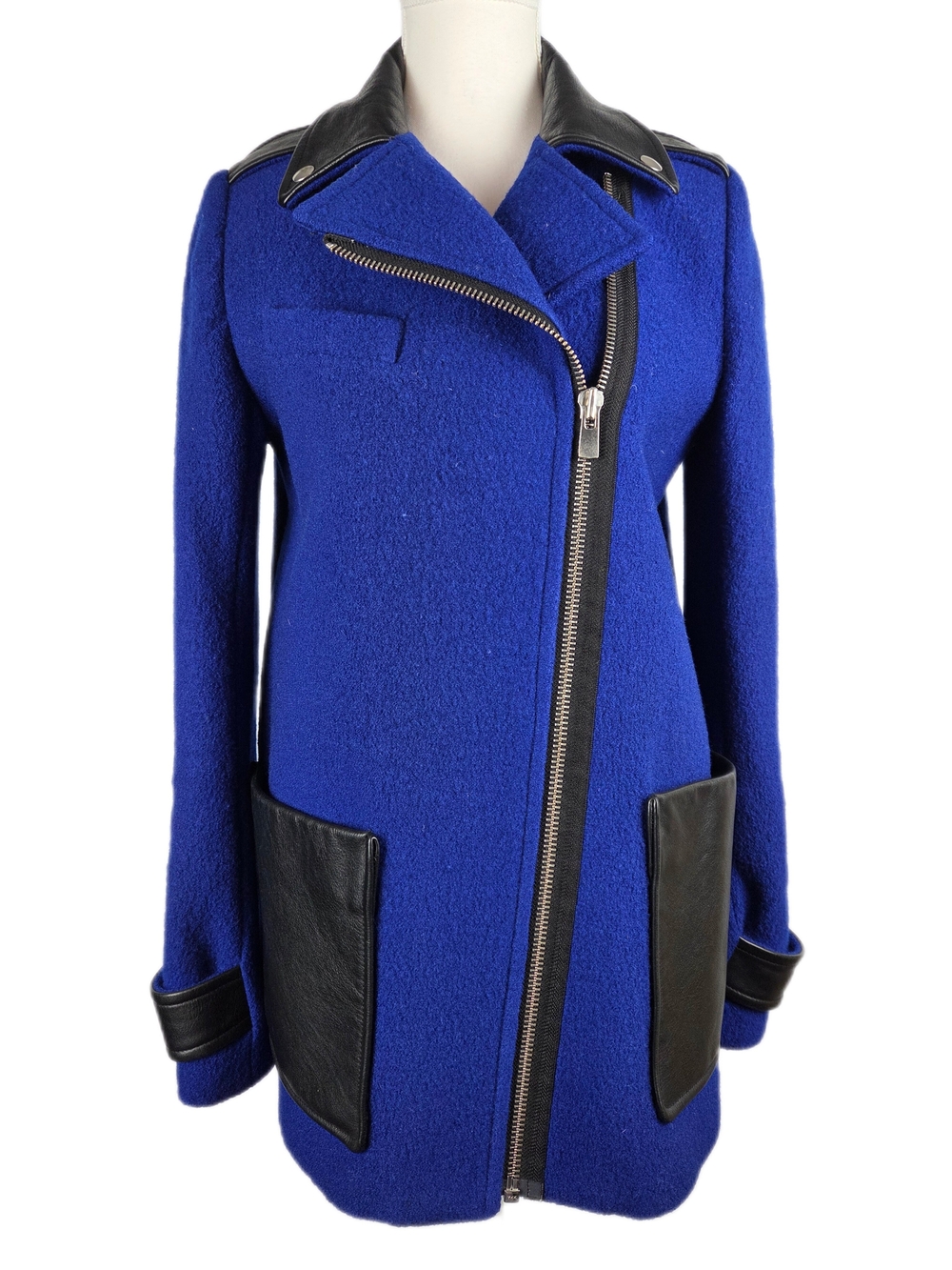 Maje Electric Blue Wool Asymmetric Moto Peacoat with Leather Trim